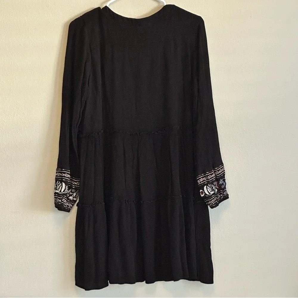 Embroidered Boho Peasant Dress L Black Floral Long Sleeve Midi‎ Cottage Festival